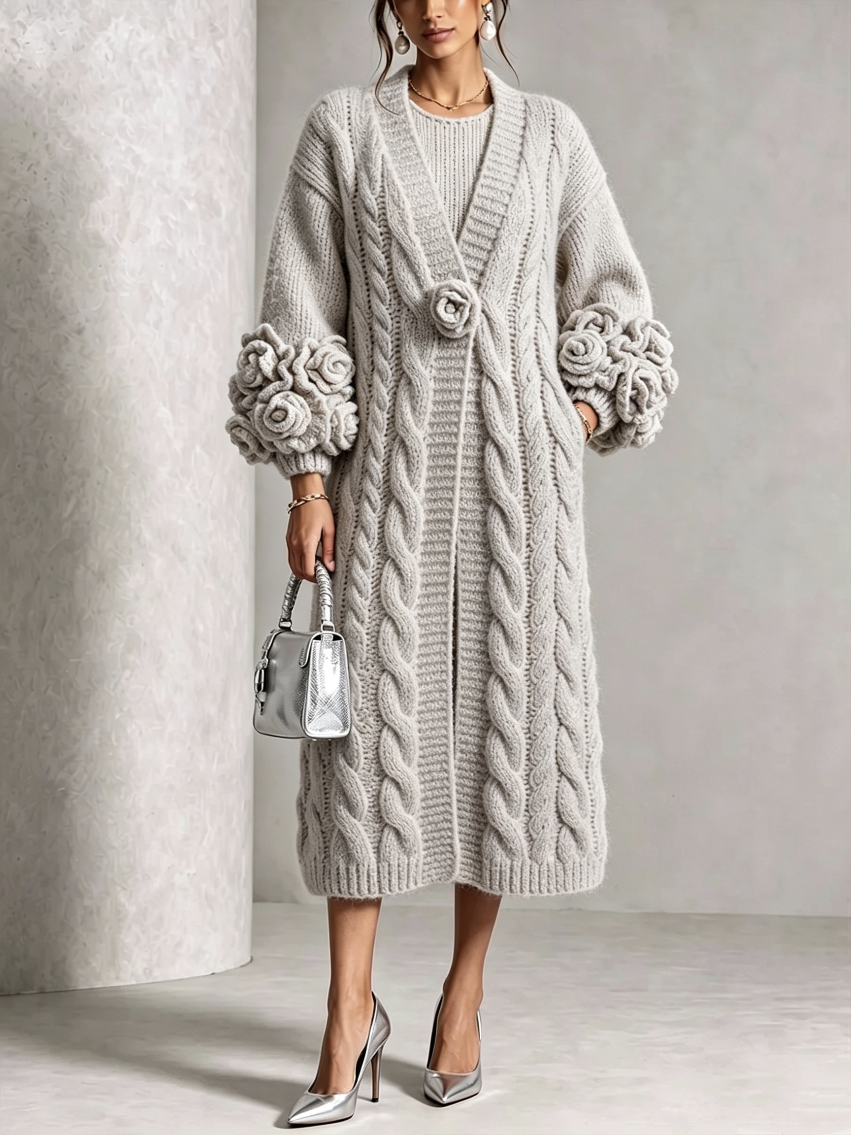 🤲LAST DAY SAVE 49% ⏰Chic Cream Floral Accented Cable-Knit Cardigan