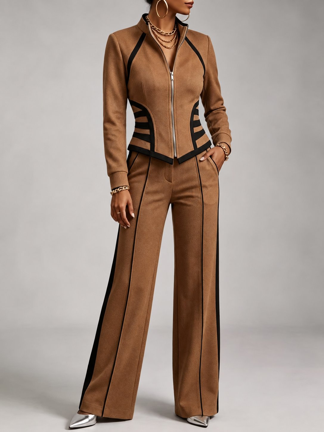 🤲LAST DAY SAVE 49% ⏰Cozy And Casual Two-piece Set Featuring A Slim-fit, Stretchy Zip-up Sweatshirt And Pants With Black Webbing Trim.