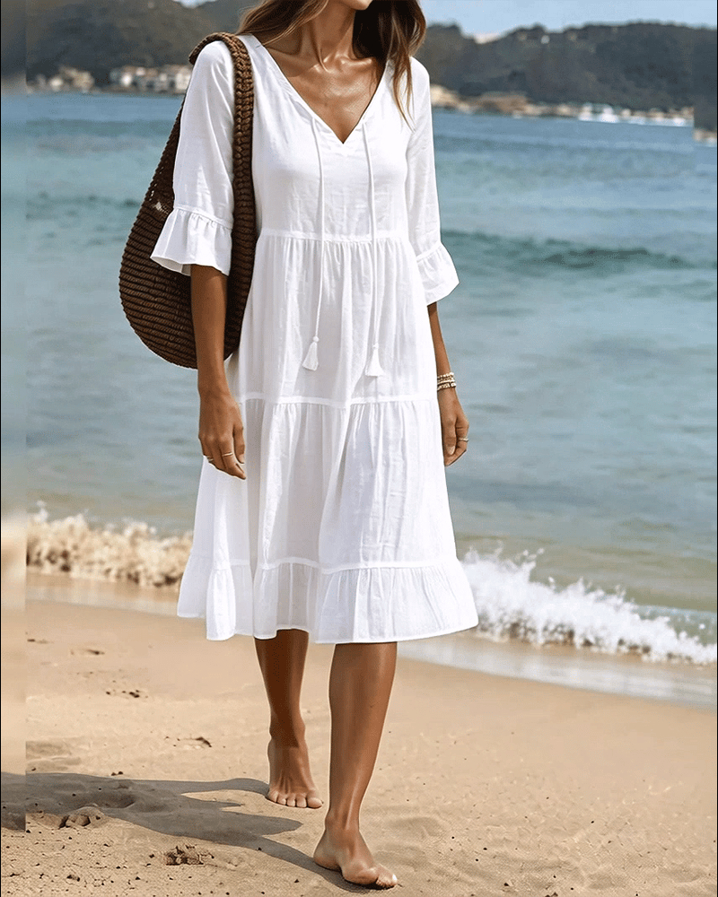 Flared Half Sleeve Tie Waist Dress