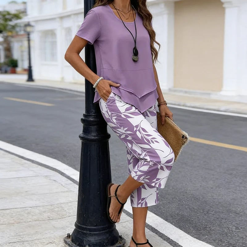 Women's Casual Two-Piece Set: Printed Cropped Pants, Stylish Top, Fashionable Loungewear Set, Summer Outfit, Relaxed Fit, Breathable & Comfortable