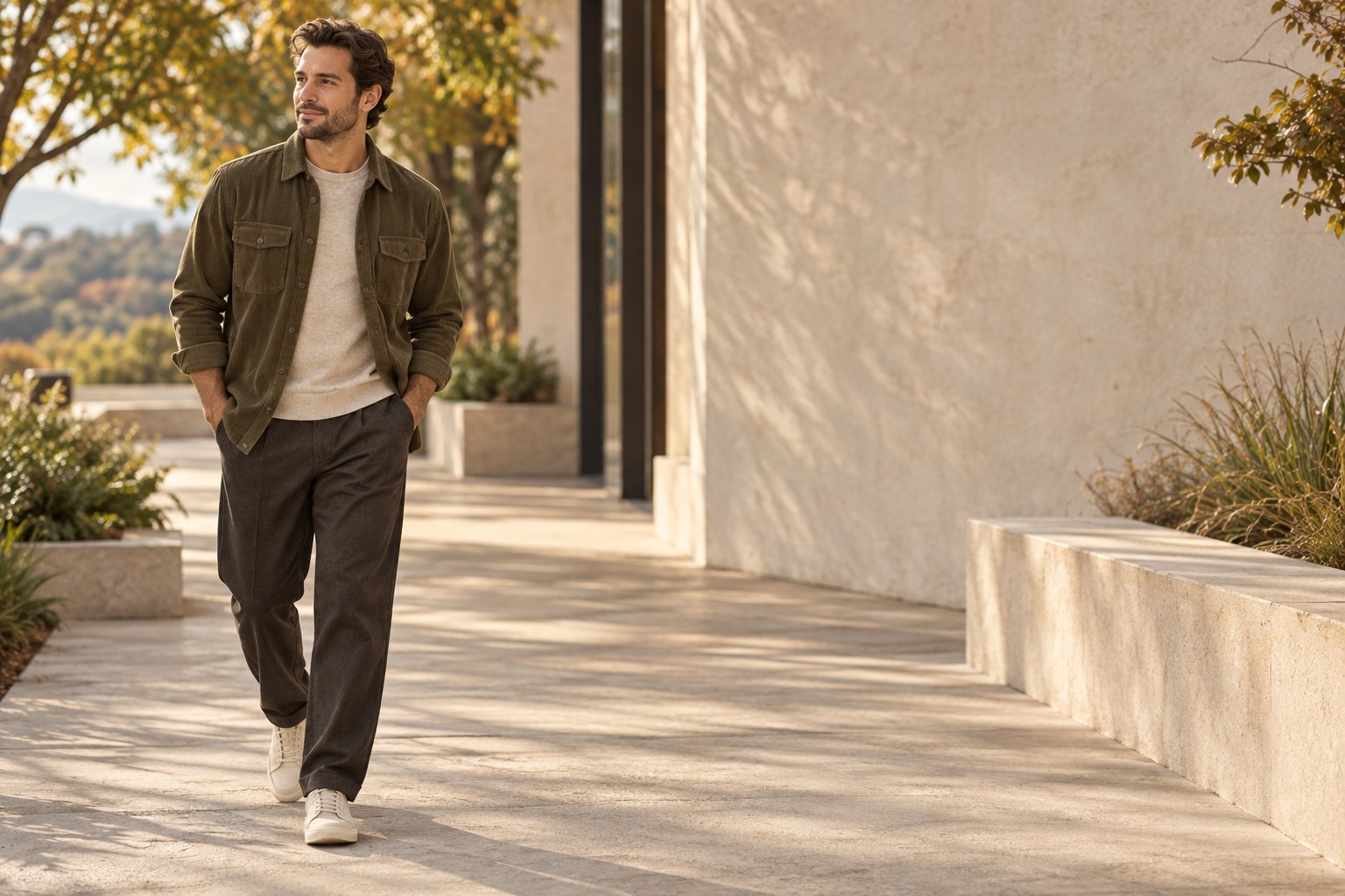 Man wearing an olive overshirt and relaxed fall trousers