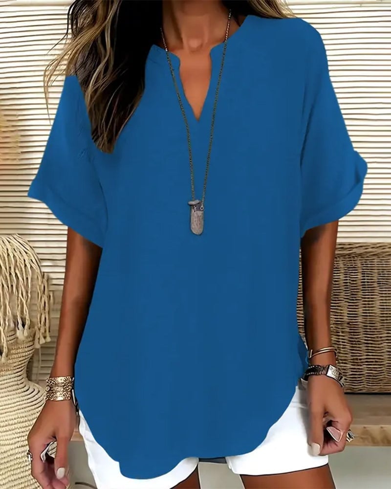 Loose Solid Color Women's Casual Blouse - Blue