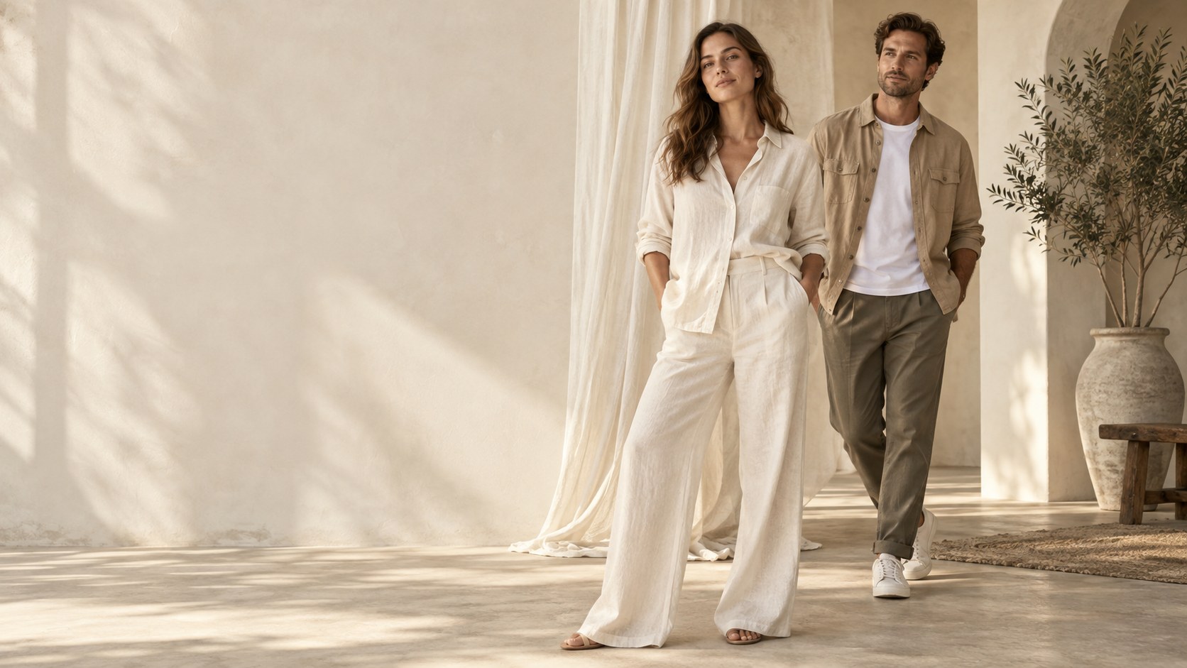 Woman and man wearing relaxed neutral everyday clothing