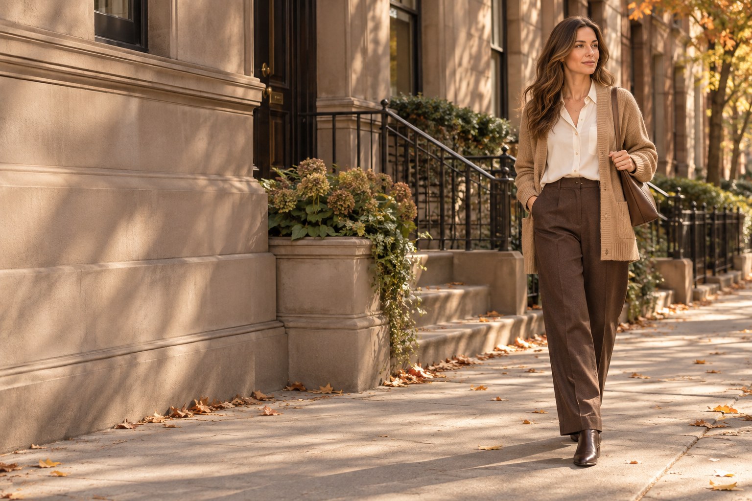 Woman wearing a camel cardigan and relaxed fall trousers
