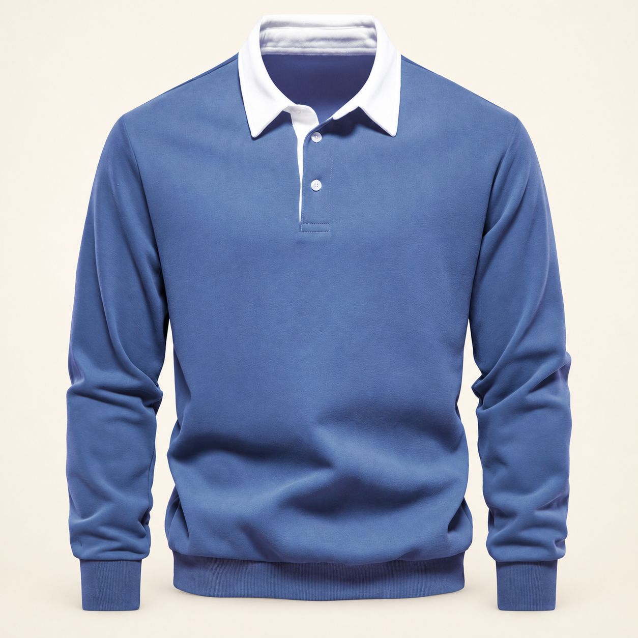 MARLOWLANEO blue contrast-collar sweatshirt on a warm ivory studio background