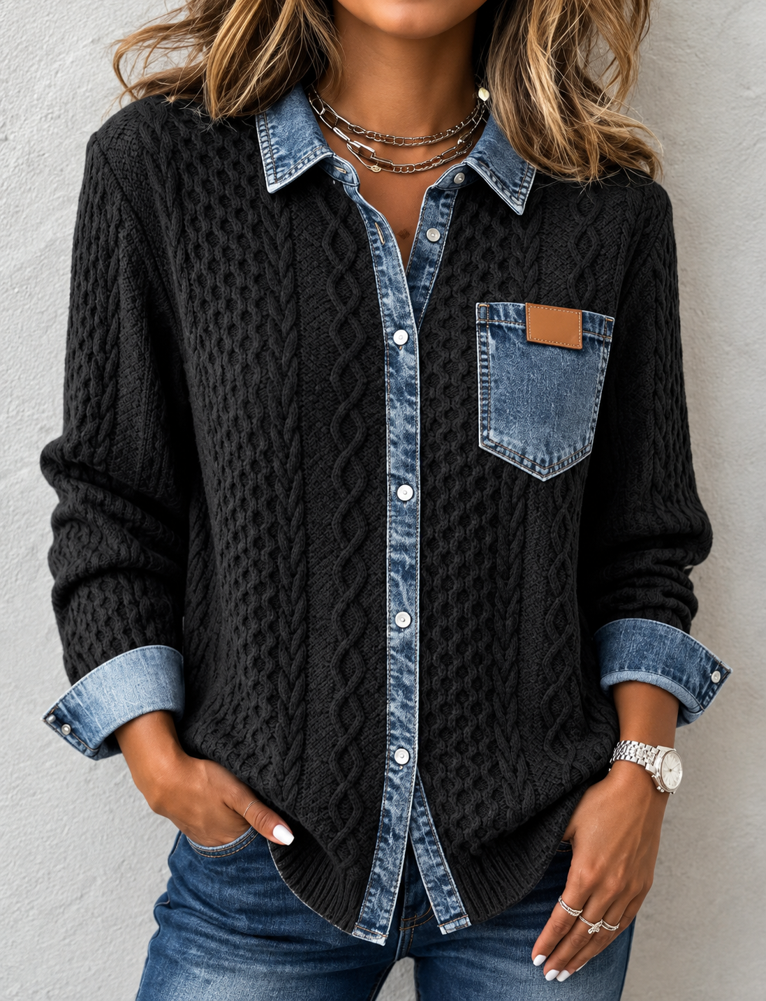 🎄Clearance Sale🔥 Women's Retro Knitted Denim Shirt
