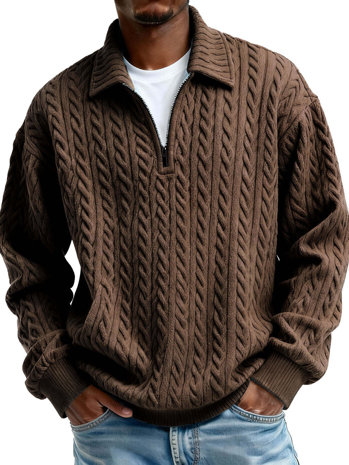 Men’s Ribbed Knit Polo Shirt – Textured Zip-Up Sweater Style