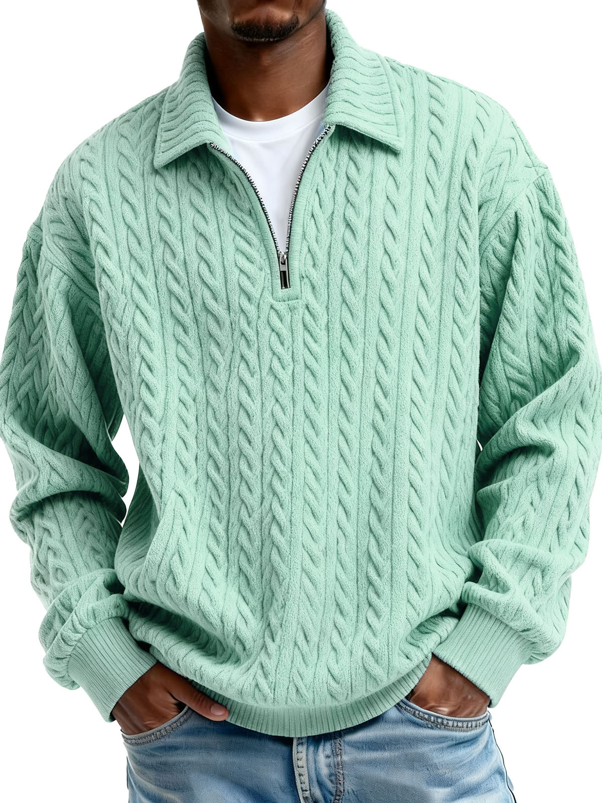 Men’s Ribbed Knit Polo Shirt – Textured Zip-Up Sweater Style