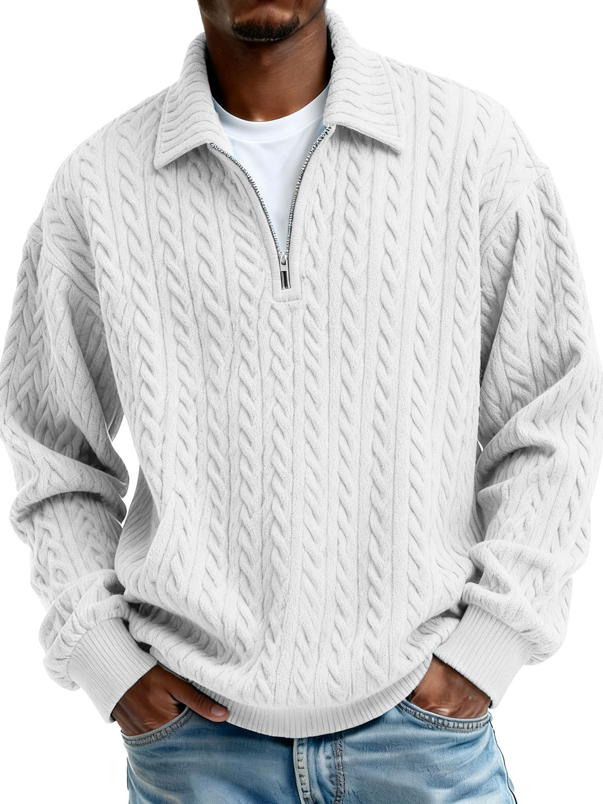 Men’s Ribbed Knit Polo Shirt – Textured Zip-Up Sweater Style