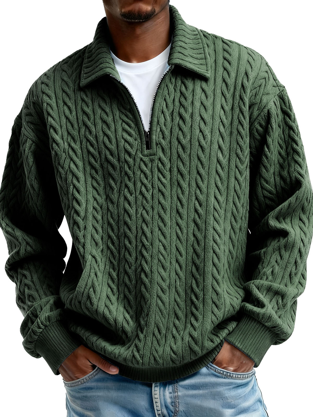 Men’s Ribbed Knit Polo Shirt – Textured Zip-Up Sweater Style