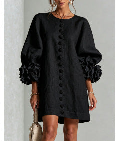 🔥 Event Special — 3D Floral Midi Dress – Relaxed A-Line Button Front Elevate Every Occasion