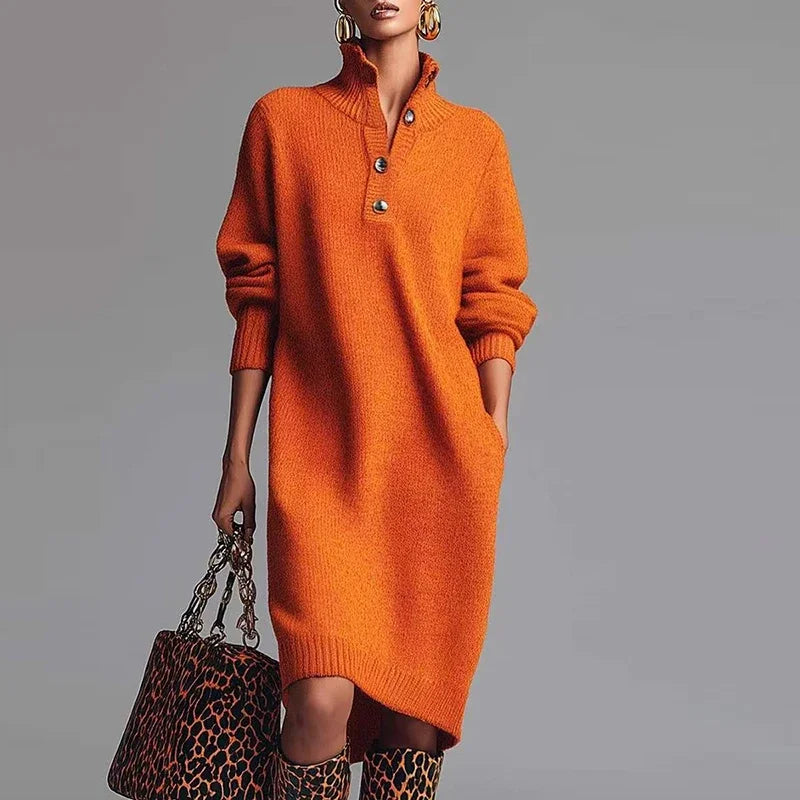 Adeline Knit Midi Dress-Women's Elegant Button Front Knit Sweater Dress