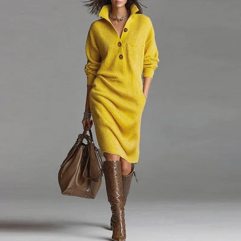 Adeline Knit Midi Dress-Women's Elegant Button Front Knit Sweater Dress