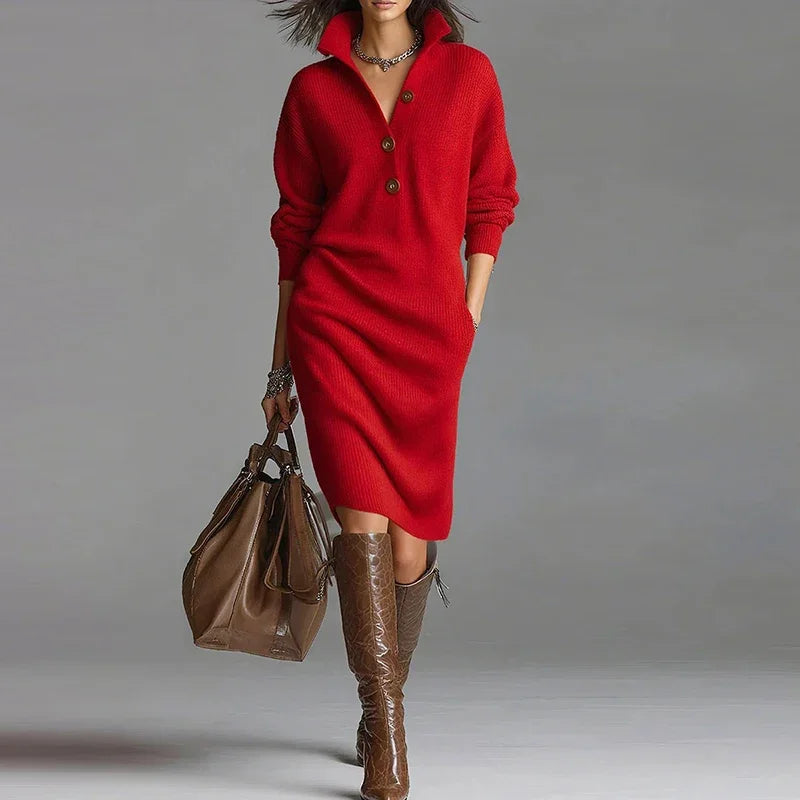 Adeline Knit Midi Dress-Women's Elegant Button Front Knit Sweater Dress