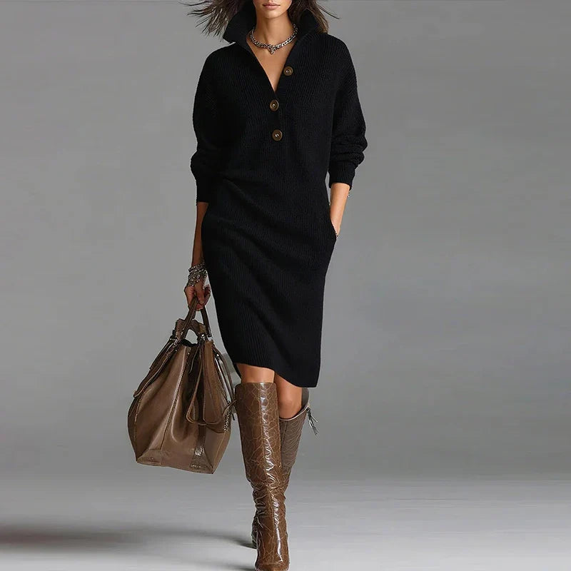 Adeline Knit Midi Dress-Women's Elegant Button Front Knit Sweater Dress