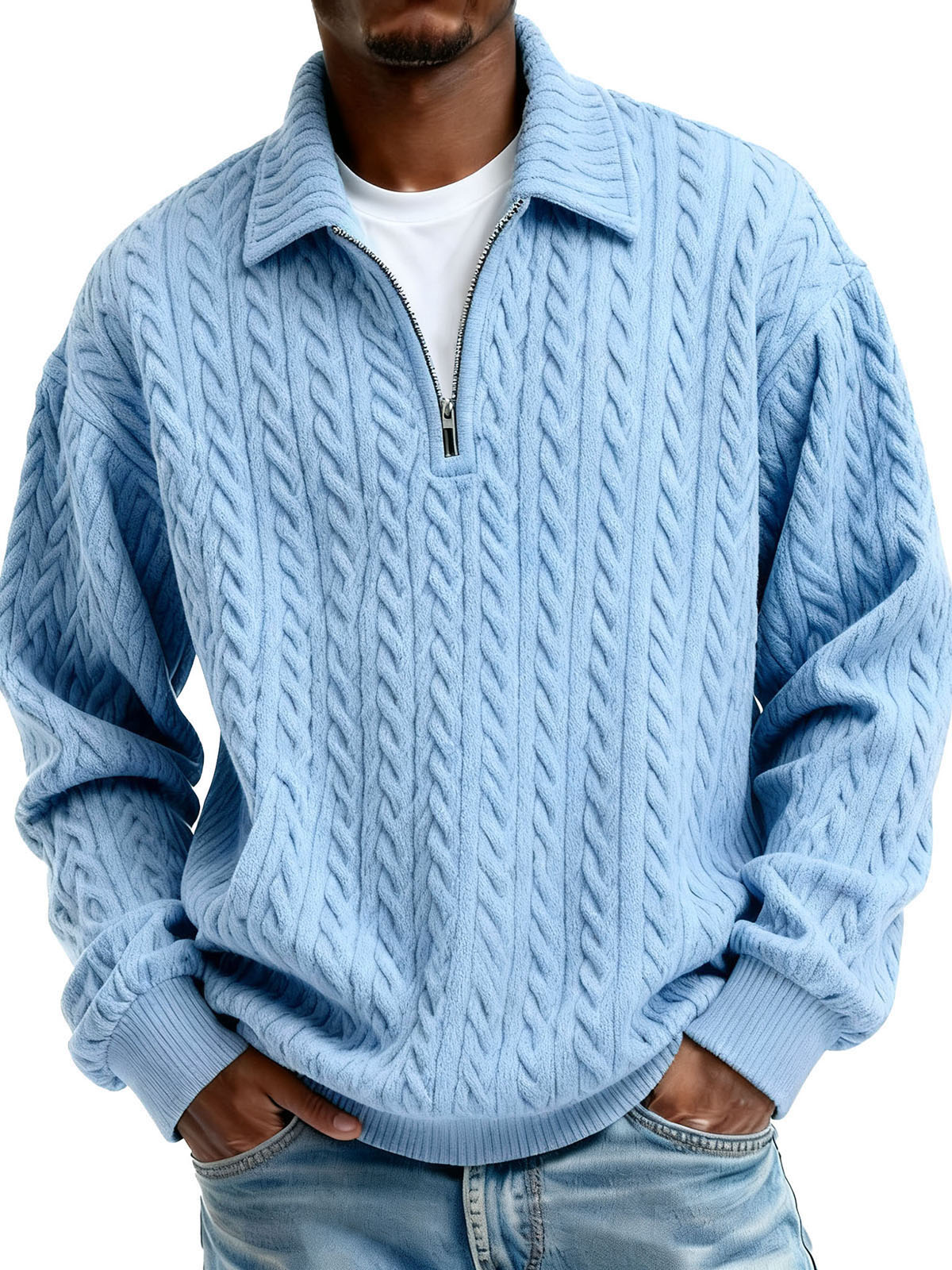 Men’s Ribbed Knit Polo Shirt – Textured Zip-Up Sweater Style
