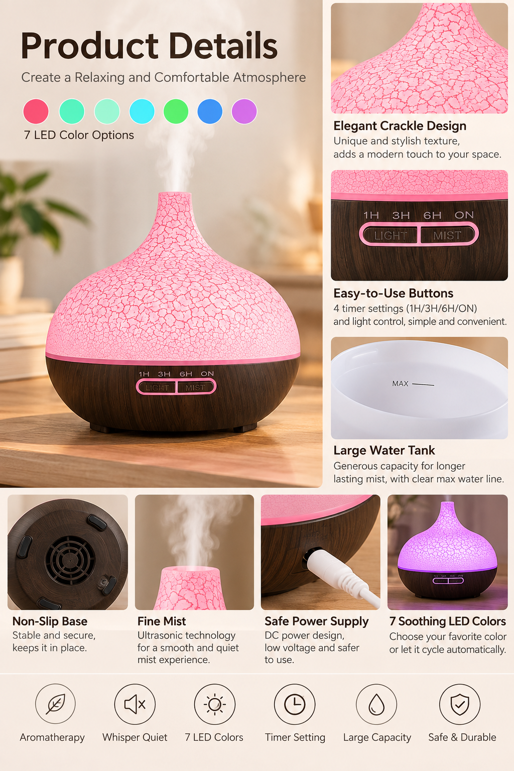 Ultrasonic Wood-Grain Color-Changing Humidifier & Aromatherapy Diffuser (Large Onion Style) – Suitable for Home, Office, and Bedroom