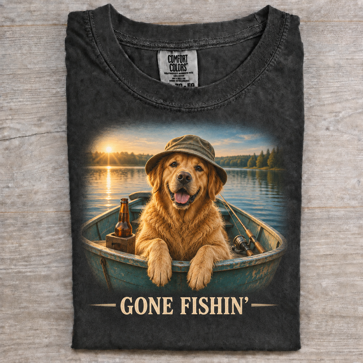 Golden Retriever Gone Fishin Boat T-shirt