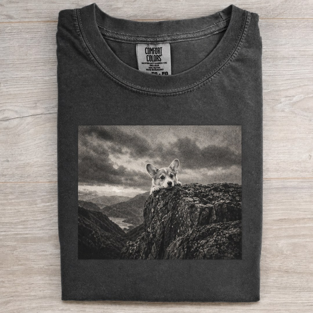 Cinematic Corgi Cliff Graphic T-shirt
