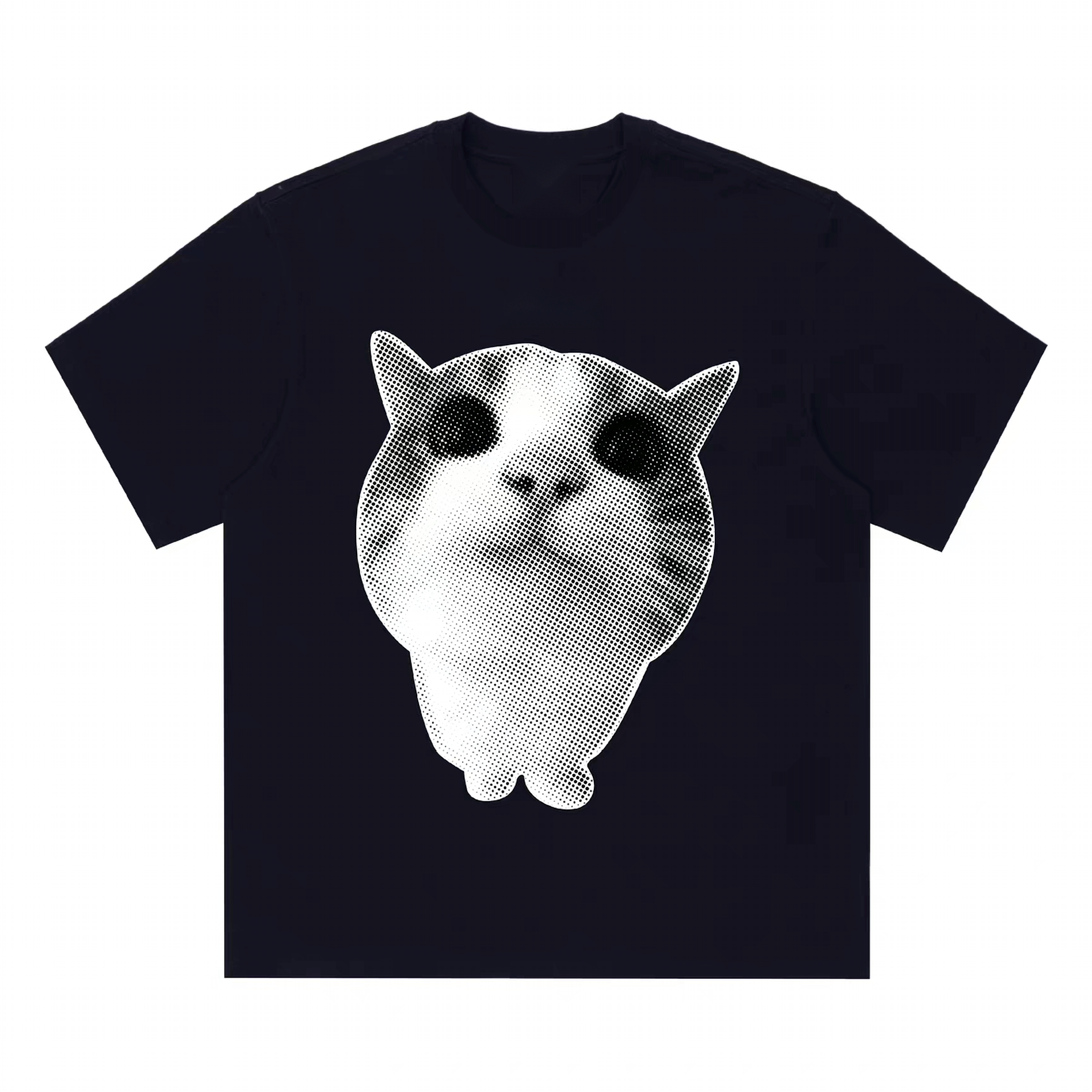Cute Cat Halftone Graphic T-shirt - Black