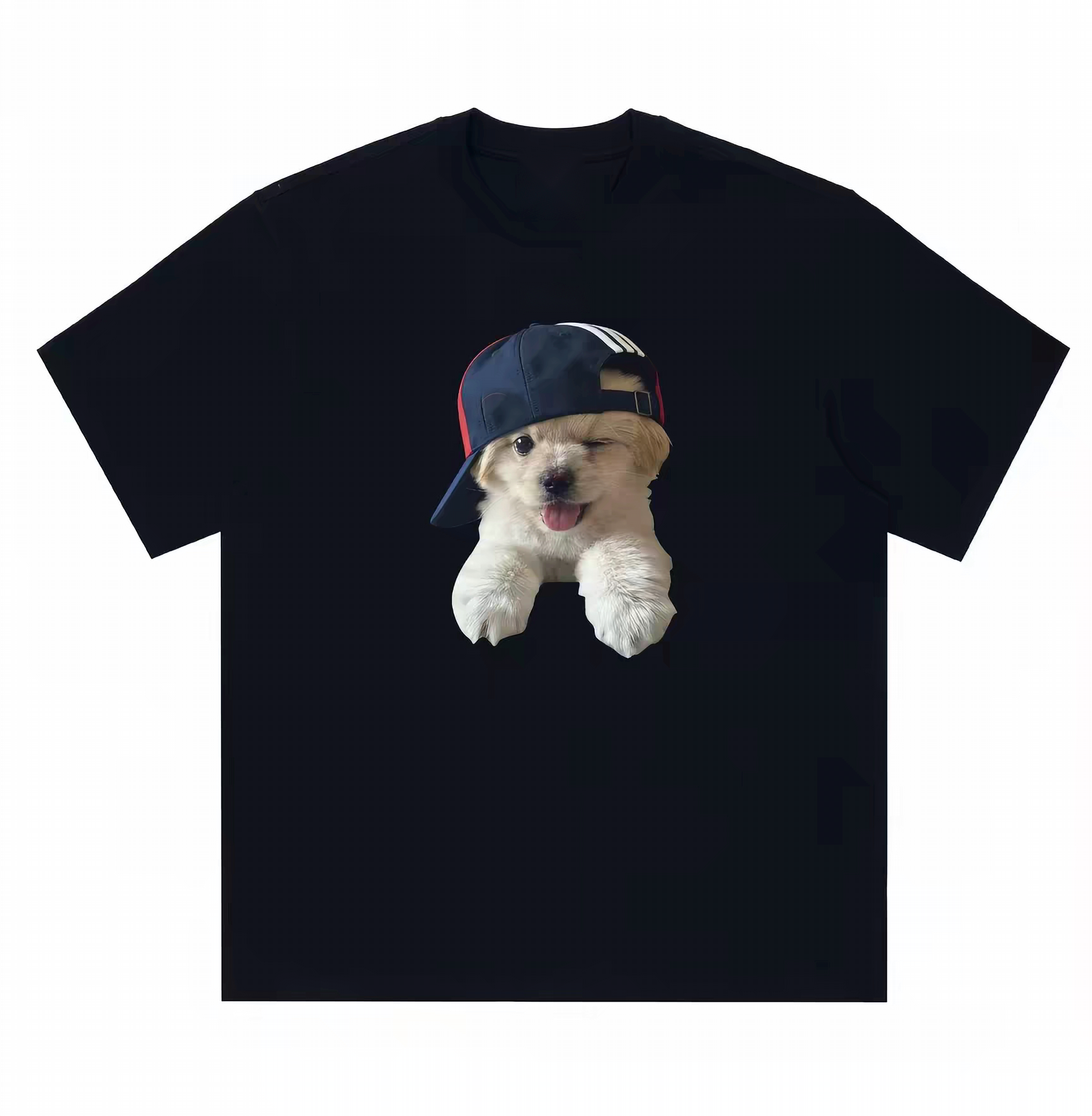 Cute Dog Baseball Cap Graphic T-shirt - Black