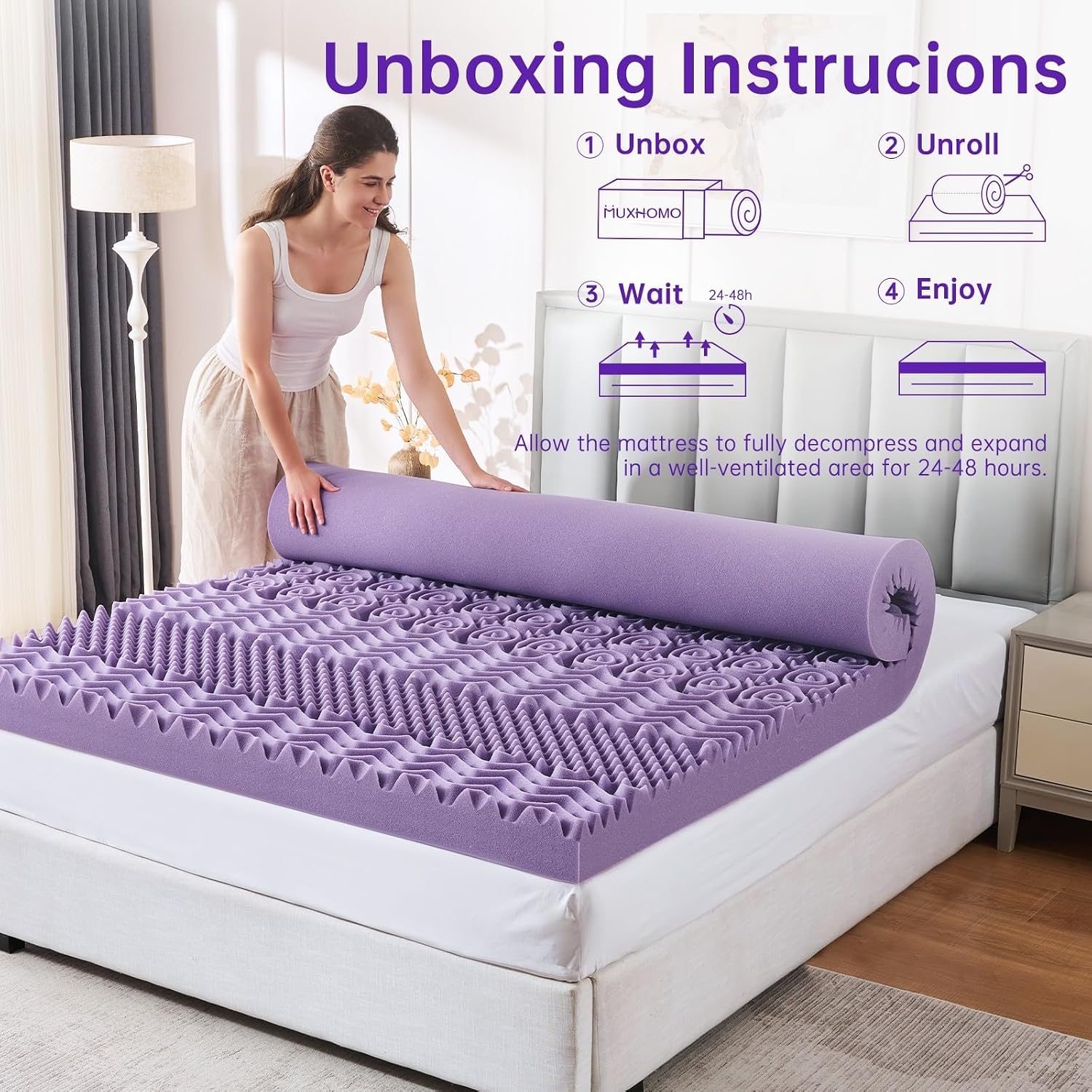 MUXHOMO 2 Inch 7-Zone Twin Mattress Topper, Egg Crate Memory Foam Mattress Topper Twin Size for Back Pain, Lavender Gel Infused Bed Pad, CertiPUR-US and Oeko-TEX Certification (38"×75")