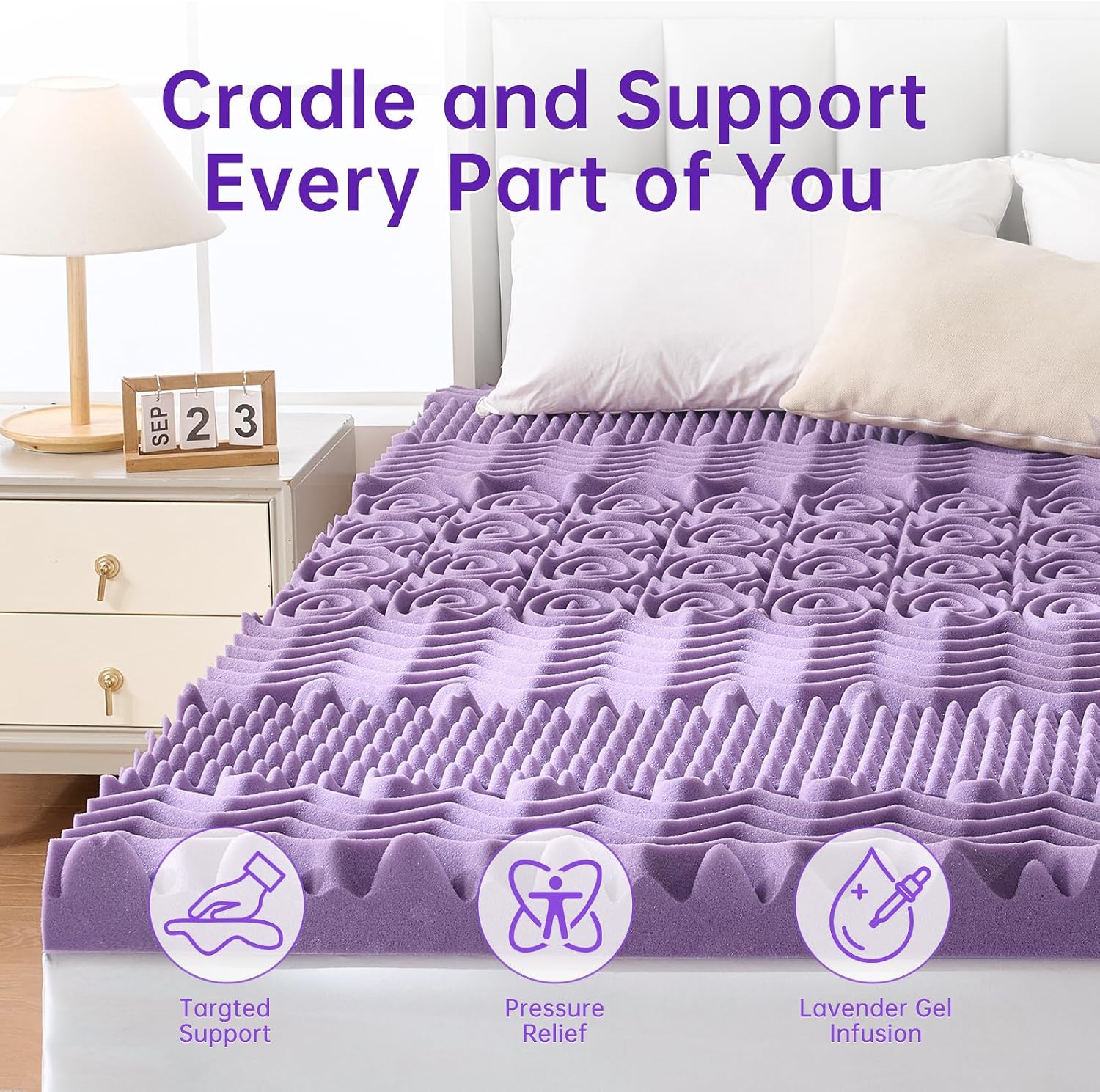 MUXHOMO 2 Inch 7-Zone Twin Mattress Topper, Egg Crate Memory Foam Mattress Topper Twin Size for Back Pain, Lavender Gel Infused Bed Pad, CertiPUR-US and Oeko-TEX Certification (38"×75")