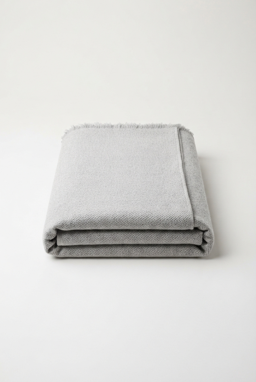 Light gray knit bed throw folded in a minimalist stack
