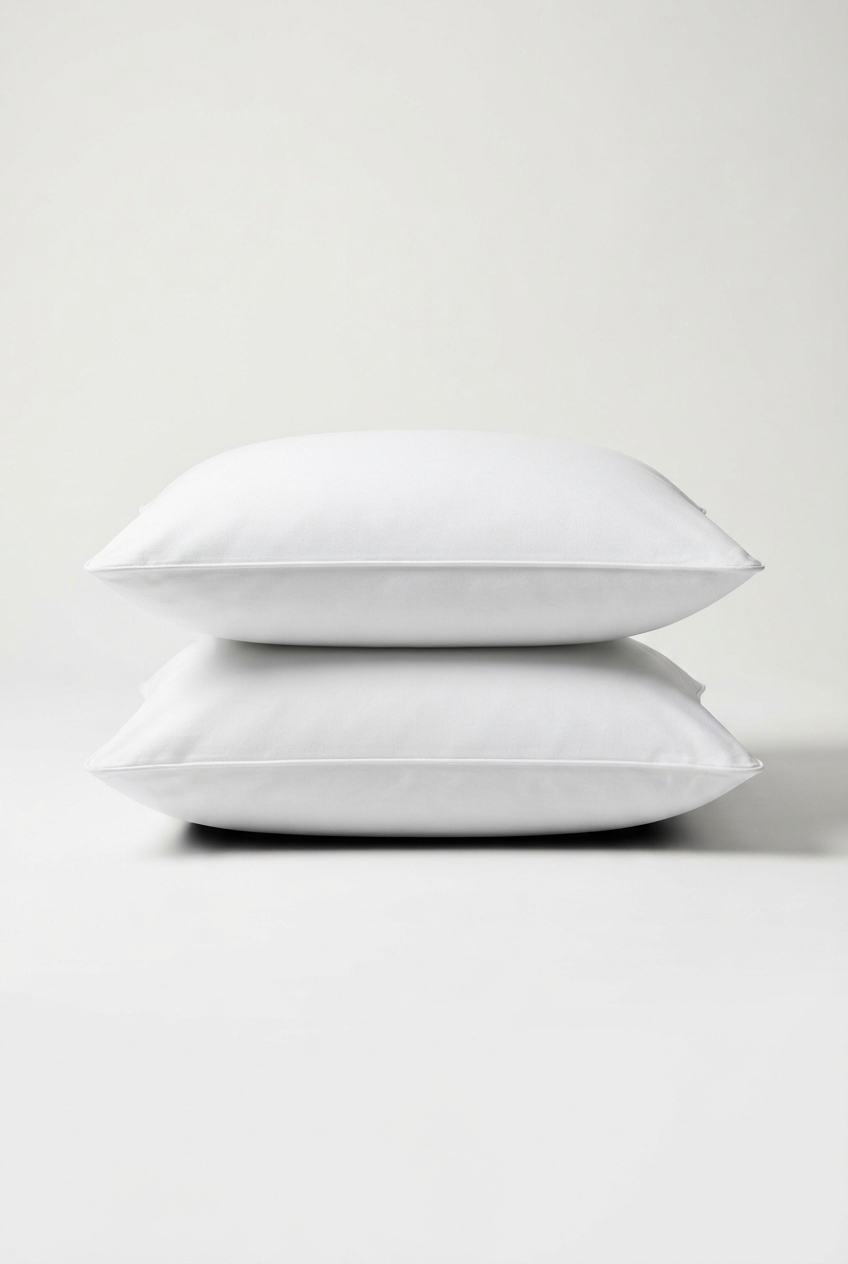 Pair of white minimalist bed pillows stacked neatly
