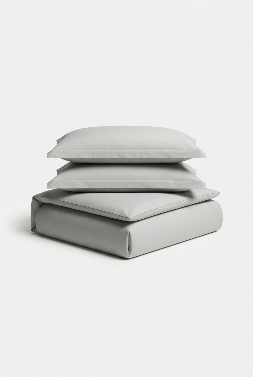Minimalist light gray cotton duvet cover set neatly styled on a bed