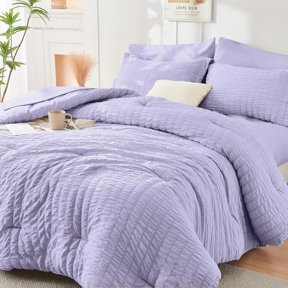 HYMOKEGE Comforter Sets Seersucker 7/5 Pieces, All Season Luxury Bed in a Bag for Bedroom, Bedding Set with Comforters, Sheets, Pillowcases & Shams