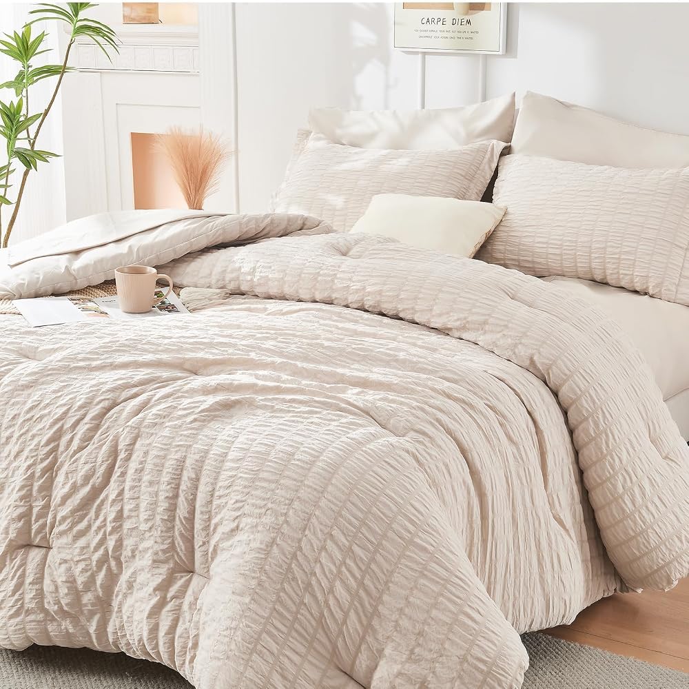 HYMOKEGE Comforter Sets Seersucker 7/5 Pieces, All Season Luxury Bed in a Bag for Bedroom, Bedding Set with Comforters, Sheets, Pillowcases & Shams