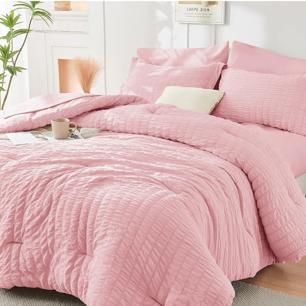 HYMOKEGE Comforter Sets Seersucker 7/5 Pieces, All Season Luxury Bed in a Bag for Bedroom, Bedding Set with Comforters, Sheets, Pillowcases & Shams