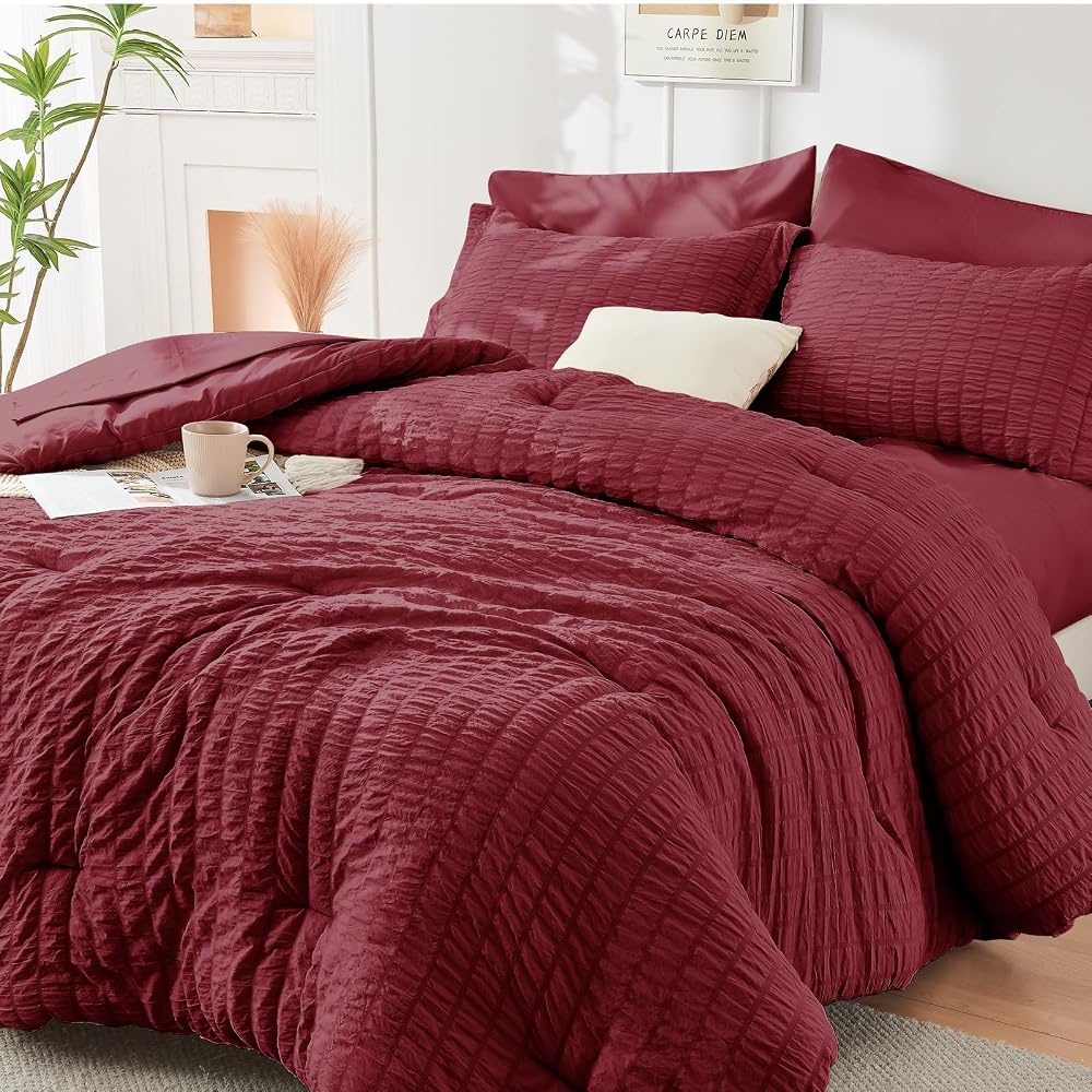 HYMOKEGE Comforter Sets Seersucker 7/5 Pieces, All Season Luxury Bed in a Bag for Bedroom, Bedding Set with Comforters, Sheets, Pillowcases & Shams