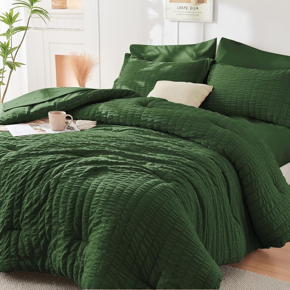 HYMOKEGE Comforter Sets Seersucker 7/5 Pieces, All Season Luxury Bed in a Bag for Bedroom, Bedding Set with Comforters, Sheets, Pillowcases & Shams
