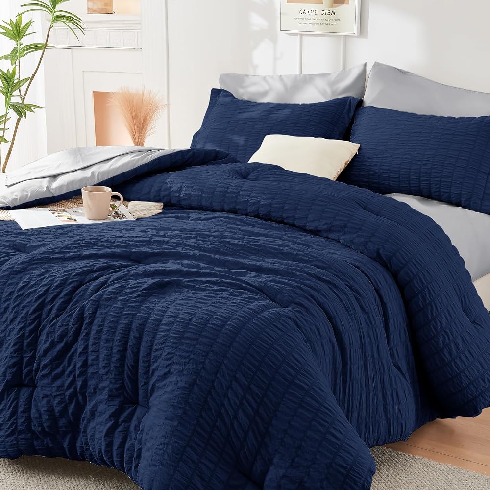 HYMOKEGE Comforter Sets Seersucker 7/5 Pieces, All Season Luxury Bed in a Bag for Bedroom, Bedding Set with Comforters, Sheets, Pillowcases & Shams