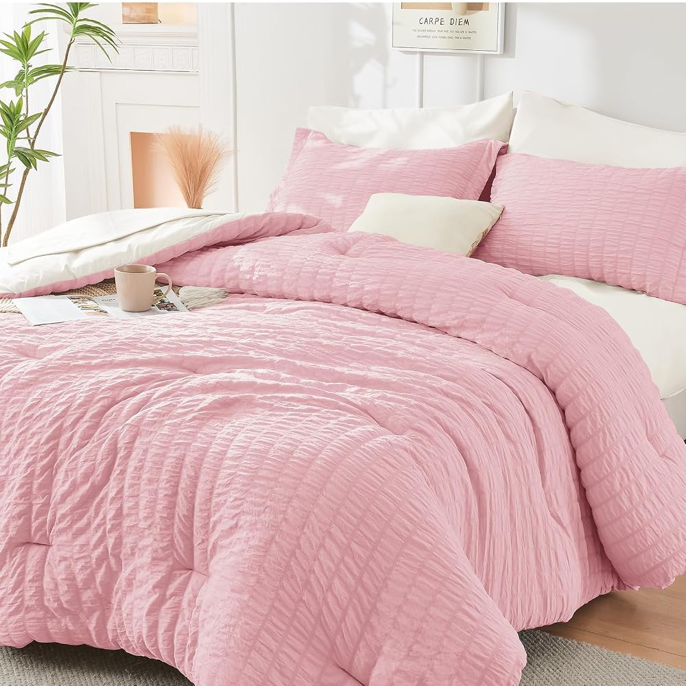 HYMOKEGE Comforter Sets Seersucker 7/5 Pieces, All Season Luxury Bed in a Bag for Bedroom, Bedding Set with Comforters, Sheets, Pillowcases & Shams