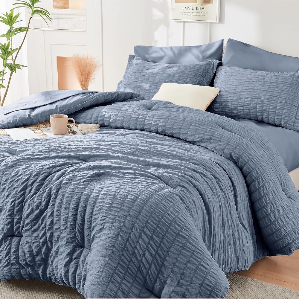 HYMOKEGE Comforter Sets Seersucker 7/5 Pieces, All Season Luxury Bed in a Bag for Bedroom, Bedding Set with Comforters, Sheets, Pillowcases & Shams