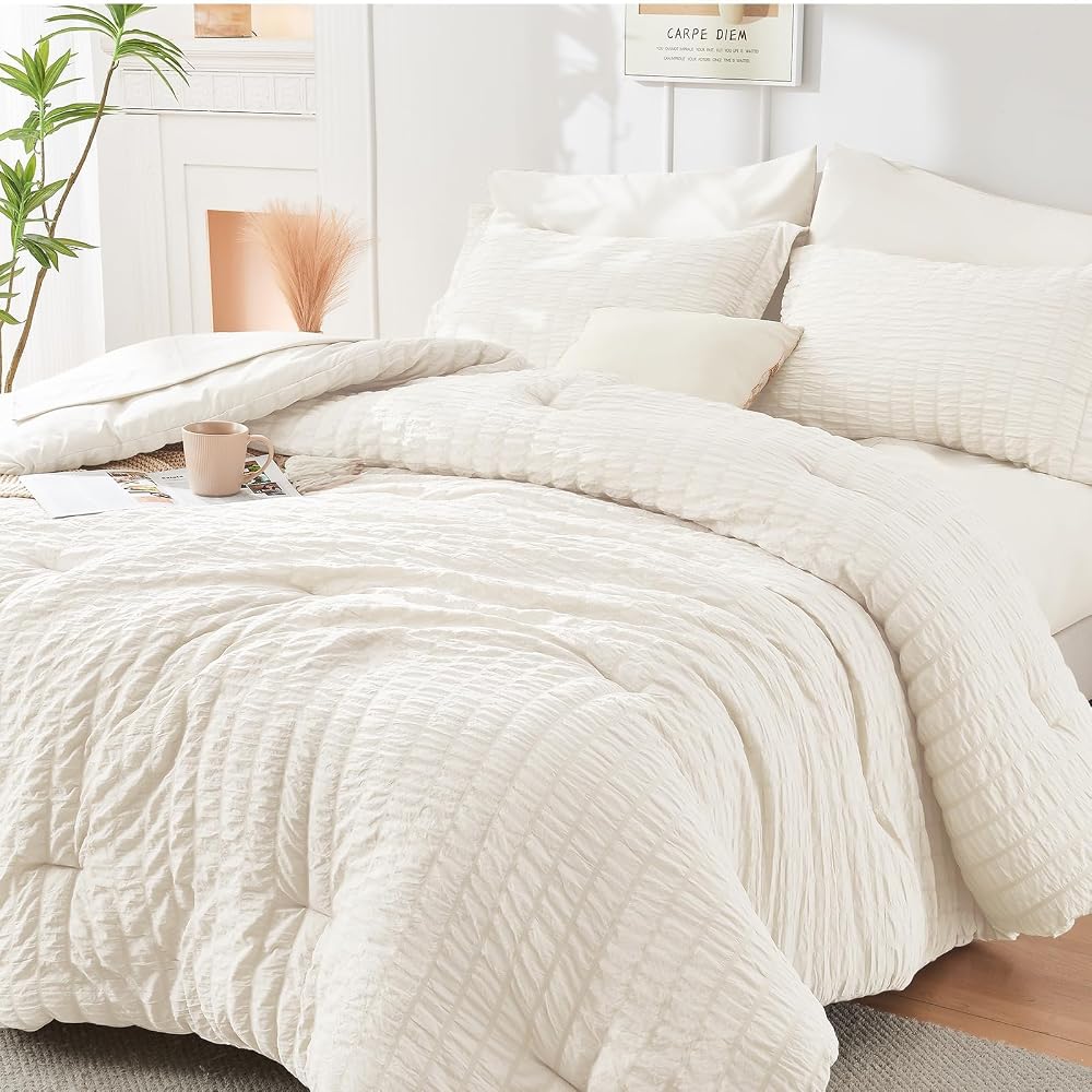 HYMOKEGE Comforter Sets Seersucker 7/5 Pieces, All Season Luxury Bed in a Bag for Bedroom, Bedding Set with Comforters, Sheets, Pillowcases & Shams