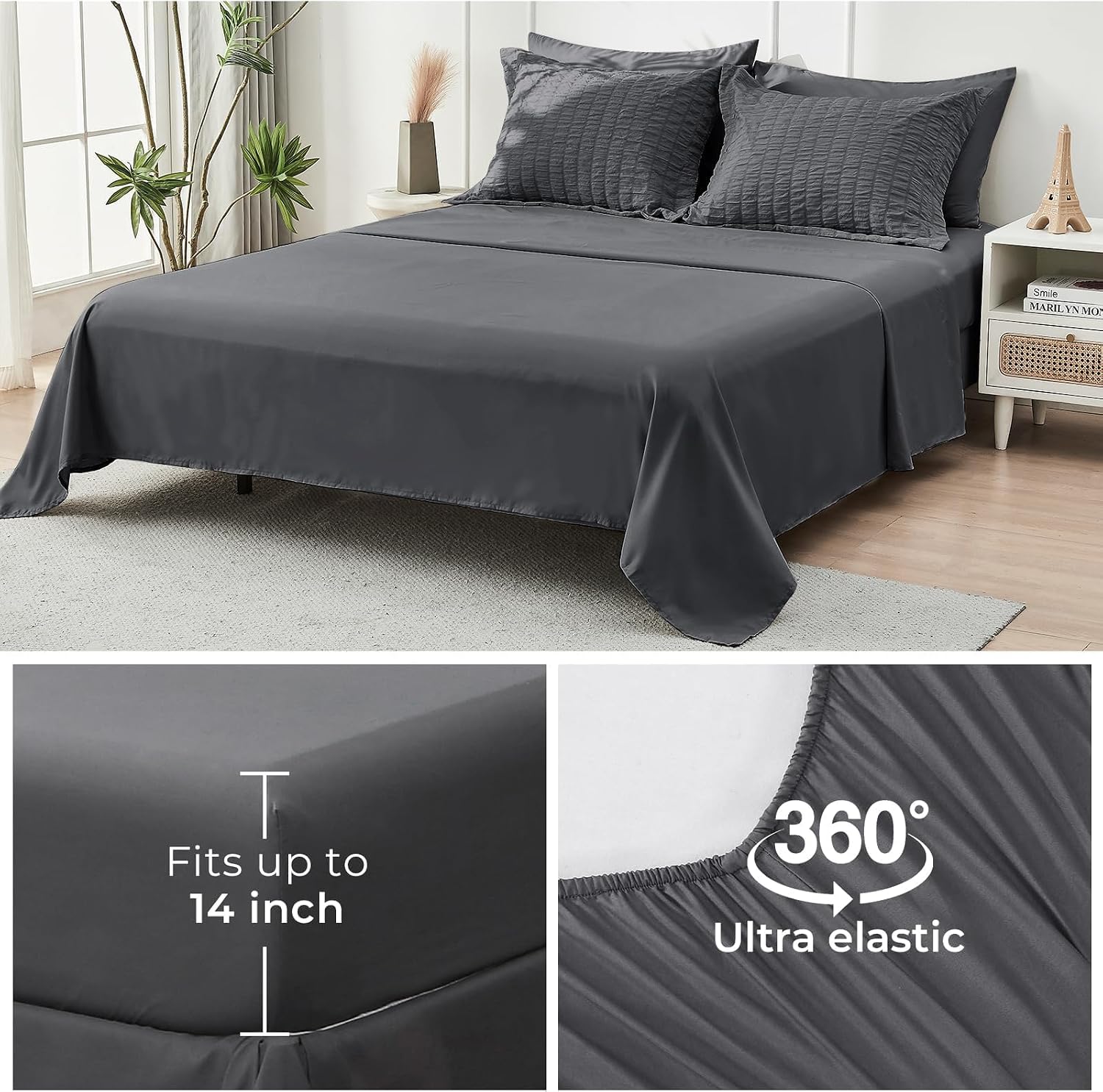 HYMOKEGE Full Size Comforter Sets Seersucker 7 Pieces, All Season Luxury Bed in a Bag for Bedroom, Bedding Set with Comforters, Sheets, Pillowcases & Shams, Dark Grey