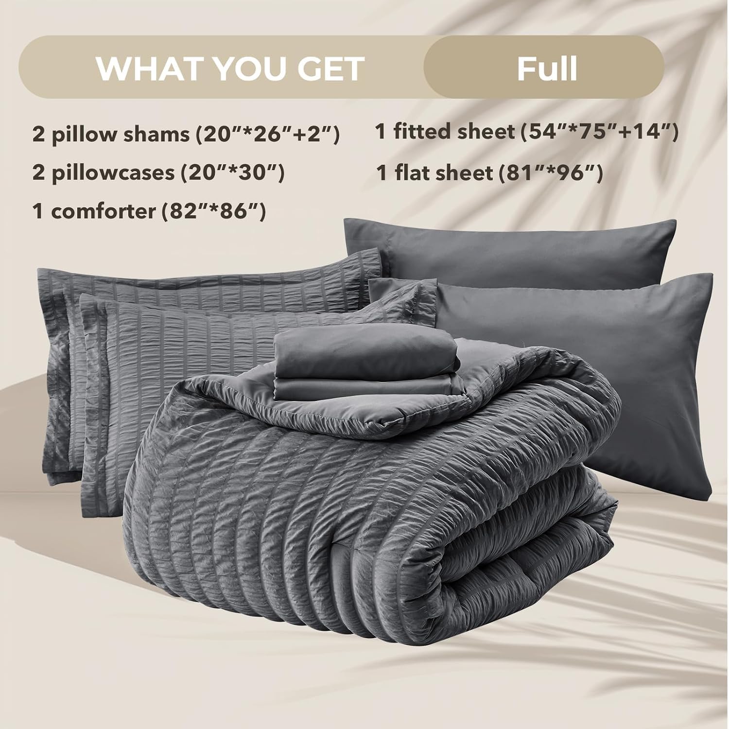 HYMOKEGE Full Size Comforter Sets Seersucker 7 Pieces, All Season Luxury Bed in a Bag for Bedroom, Bedding Set with Comforters, Sheets, Pillowcases & Shams, Dark Grey