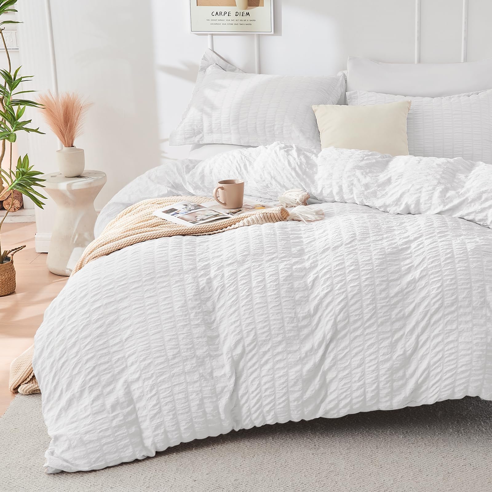 Duvet Cover Queen Size, Seersucker Bedding Set, 3 Pieces, Dark Grey
