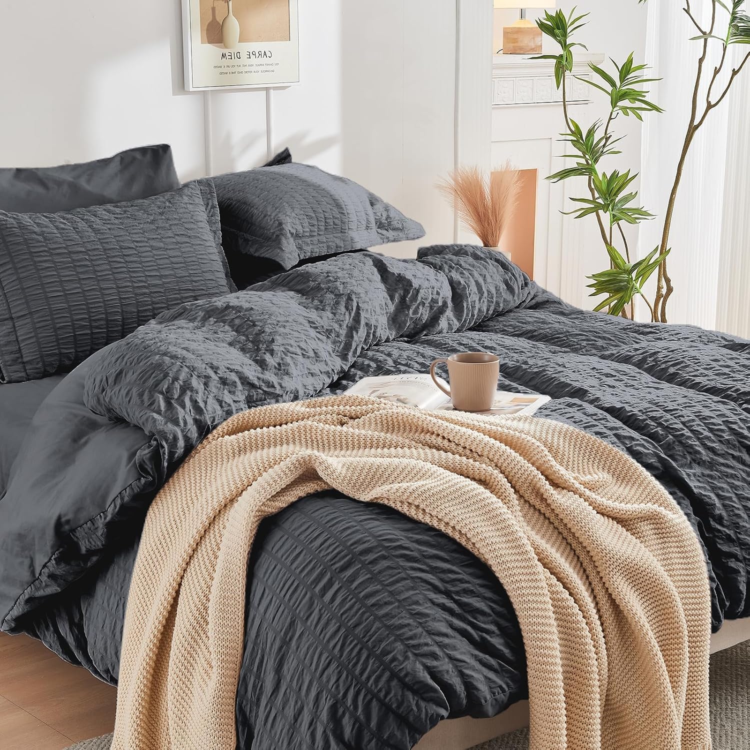 Duvet Cover Queen Size, Seersucker Bedding Set, 3 Pieces, Dark Grey