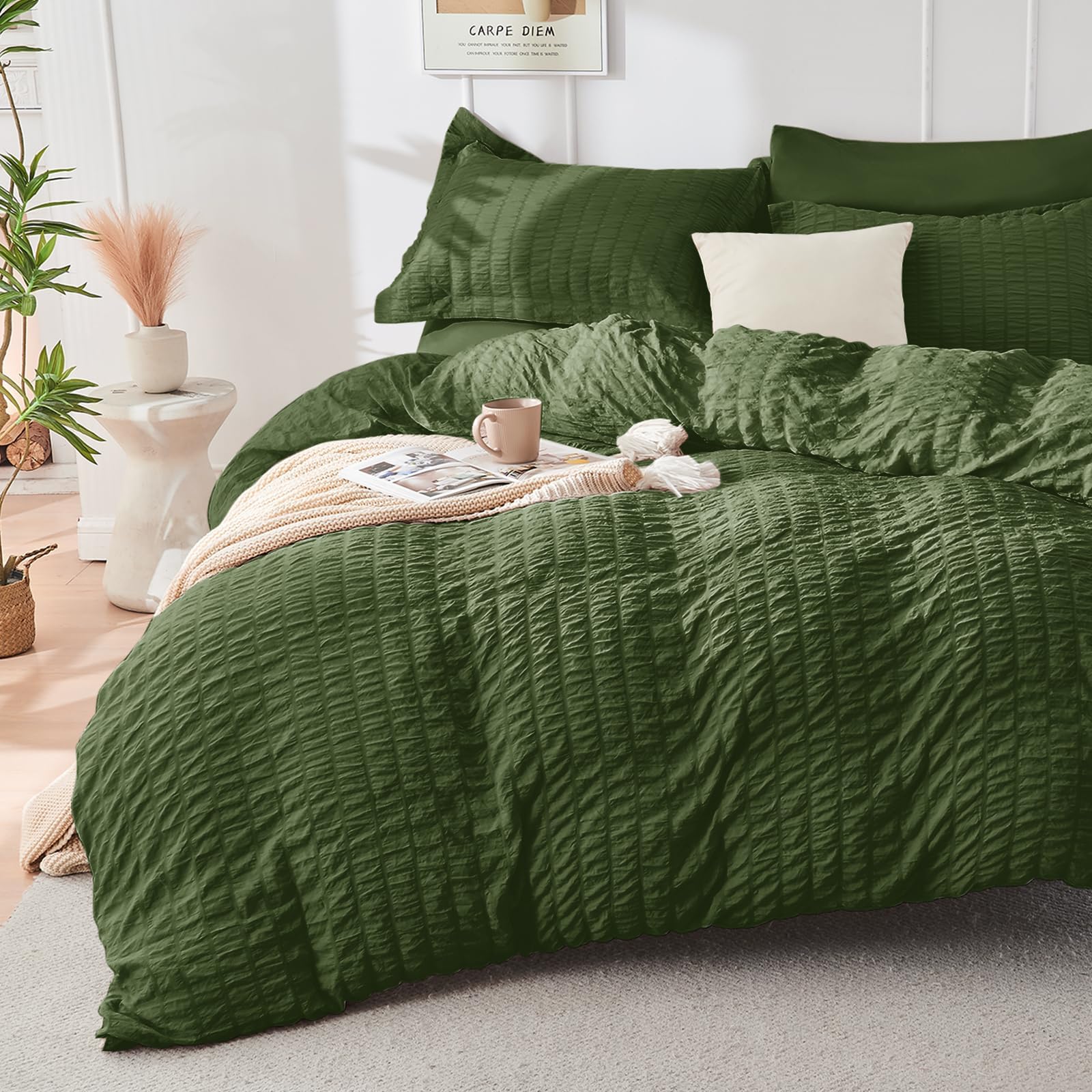 Duvet Cover Queen Size, Seersucker Bedding Set, 3 Pieces, Dark Grey