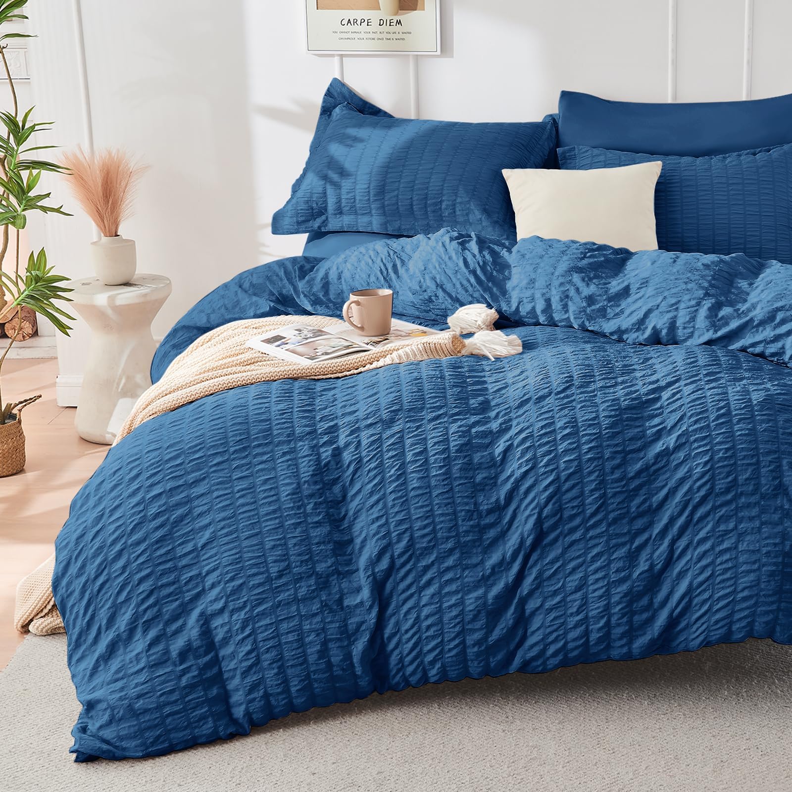 Duvet Cover Queen Size, Seersucker Bedding Set, 3 Pieces, Dark Grey