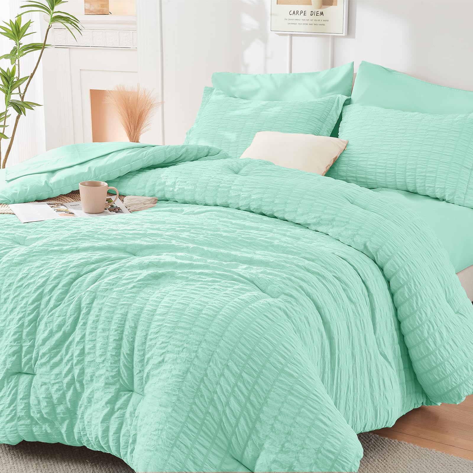HYMOKEGE Full Size Comforter Sets Seersucker 7 Pieces, All Season Luxury Bed in a Bag for Bedroom, Bedding Set with Comforters, Sheets, Pillowcases & Shams, Dark Grey