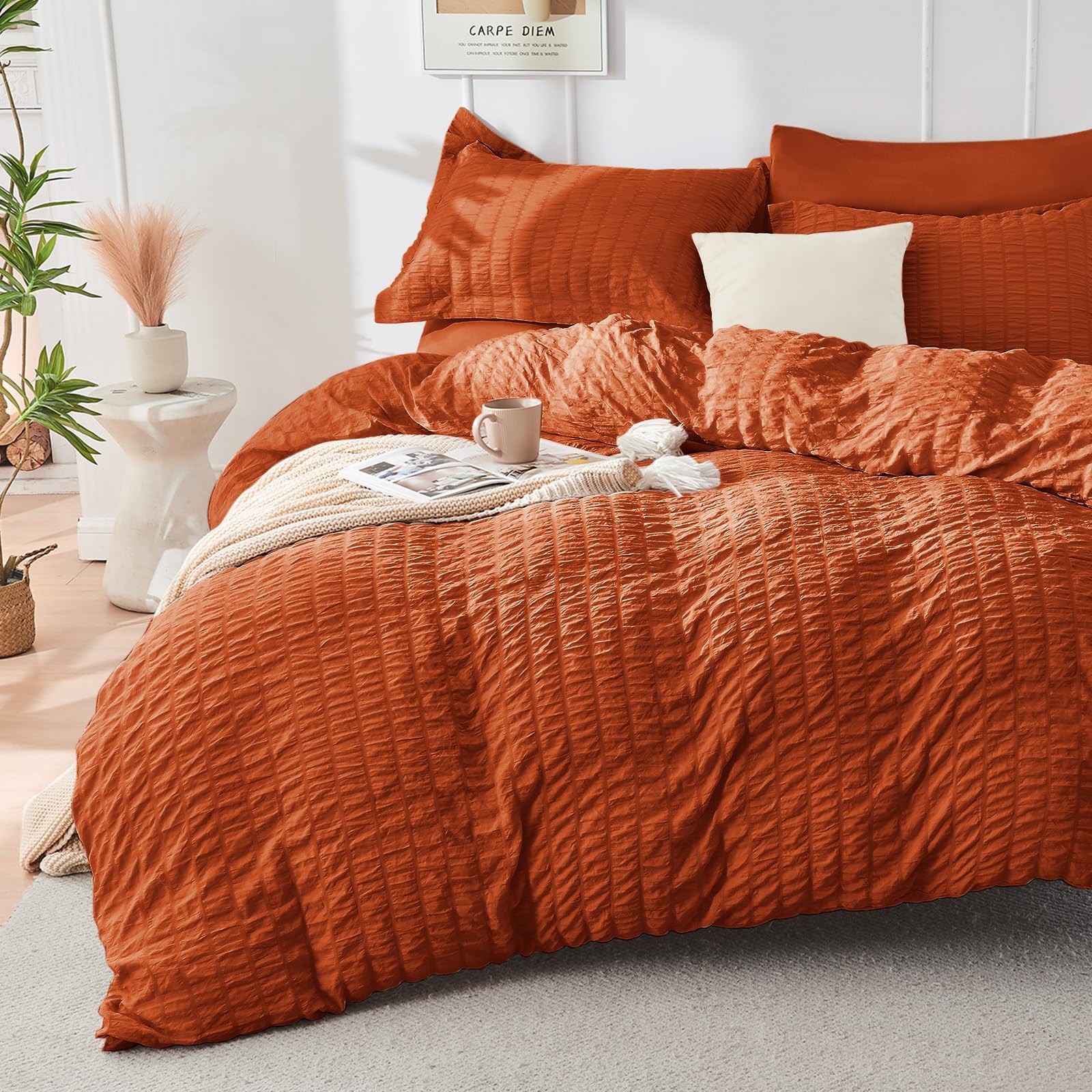 Duvet Cover Queen Size, Seersucker Bedding Set, 3 Pieces, Dark Grey