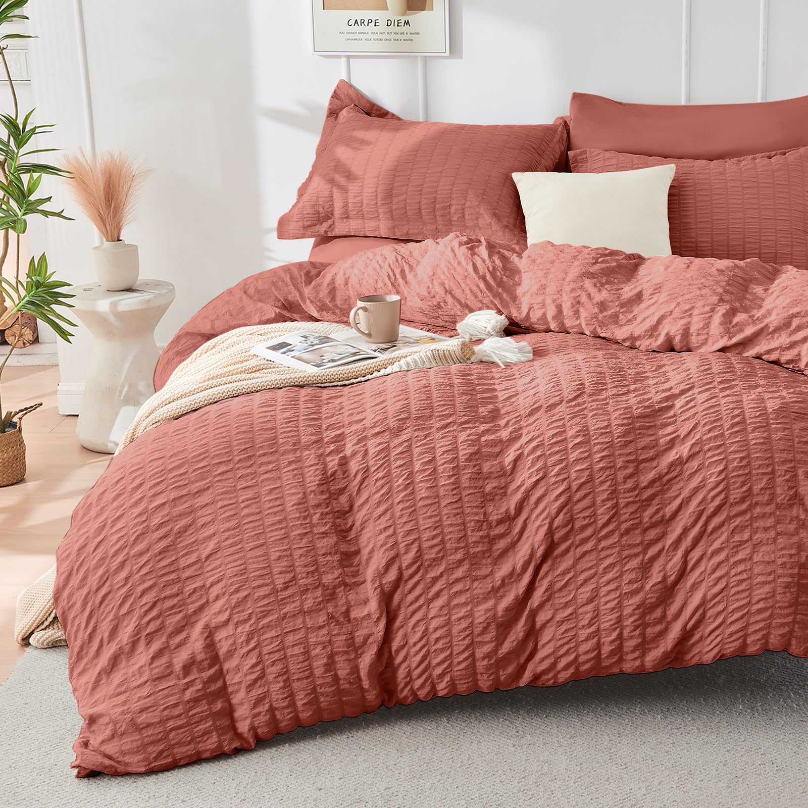 Duvet Cover Queen Size, Seersucker Bedding Set, 3 Pieces, Dark Grey