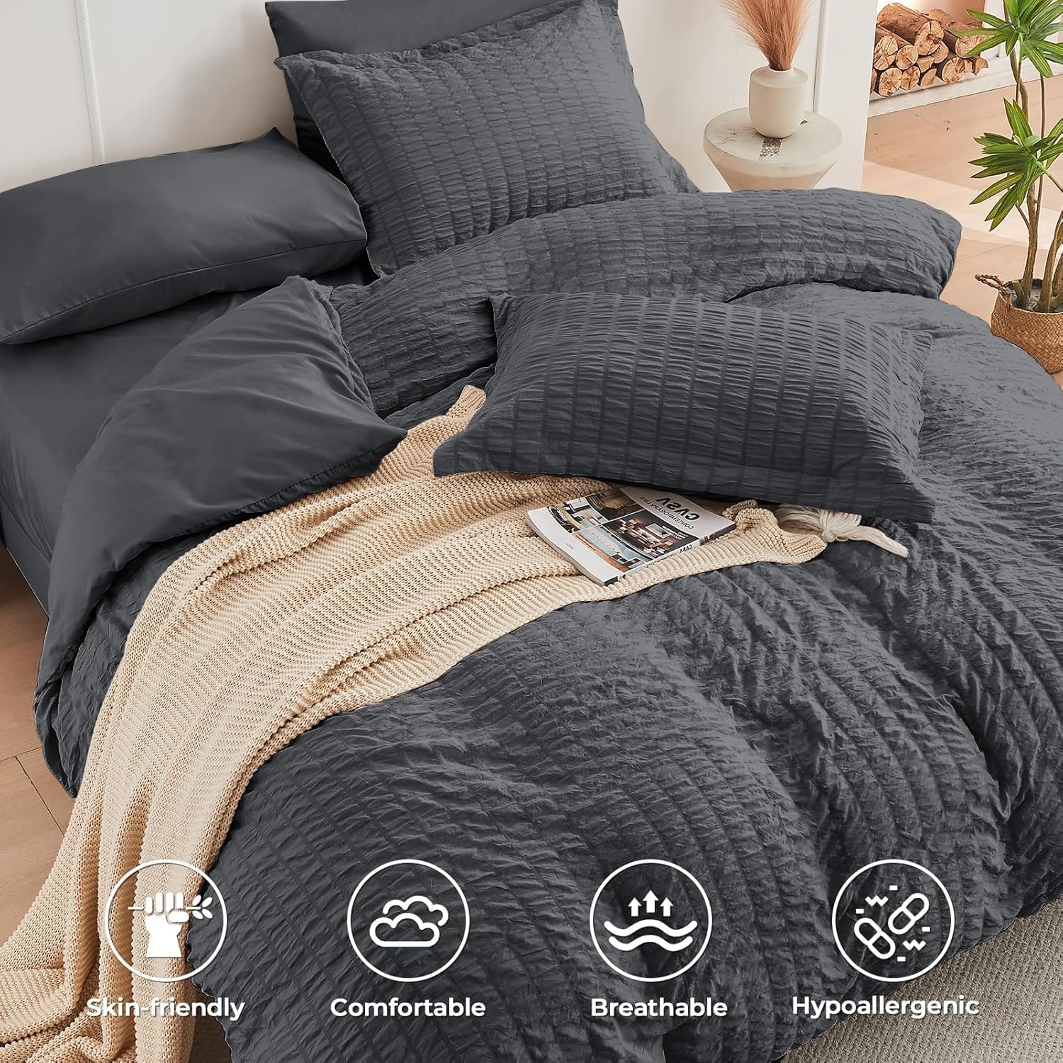 Duvet Cover Queen Size, Seersucker Bedding Set, 3 Pieces, Dark Grey