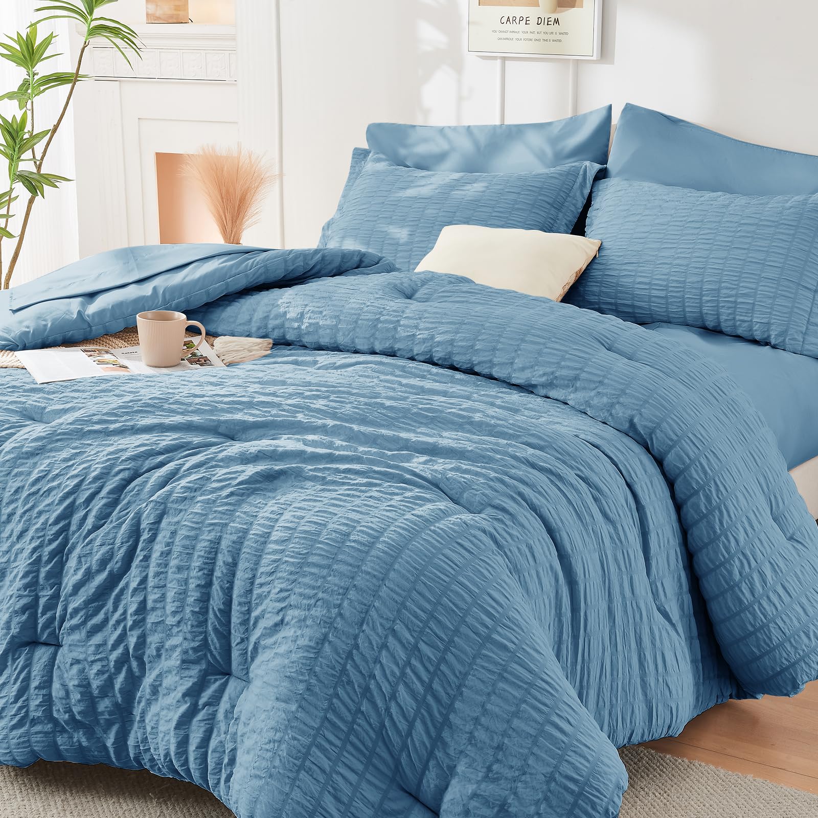 HYMOKEGE Full Size Comforter Sets Seersucker 7 Pieces, All Season Luxury Bed in a Bag for Bedroom, Bedding Set with Comforters, Sheets, Pillowcases & Shams, Dark Grey